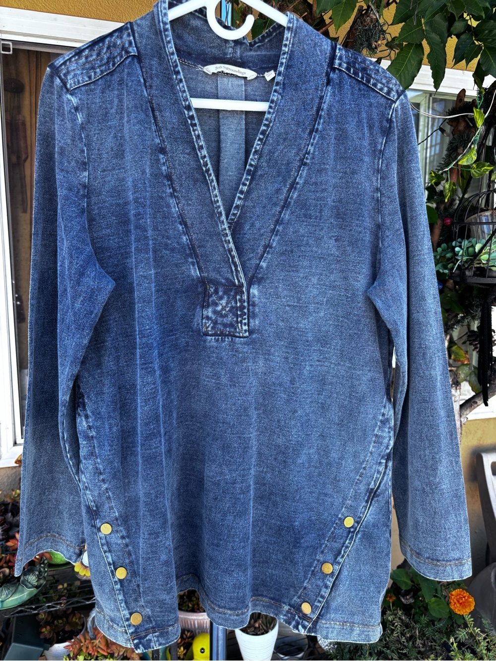 Lagenlook Stretch Denim Shawl Collar Tunic Long Sleeve Soft Surroundings Size L